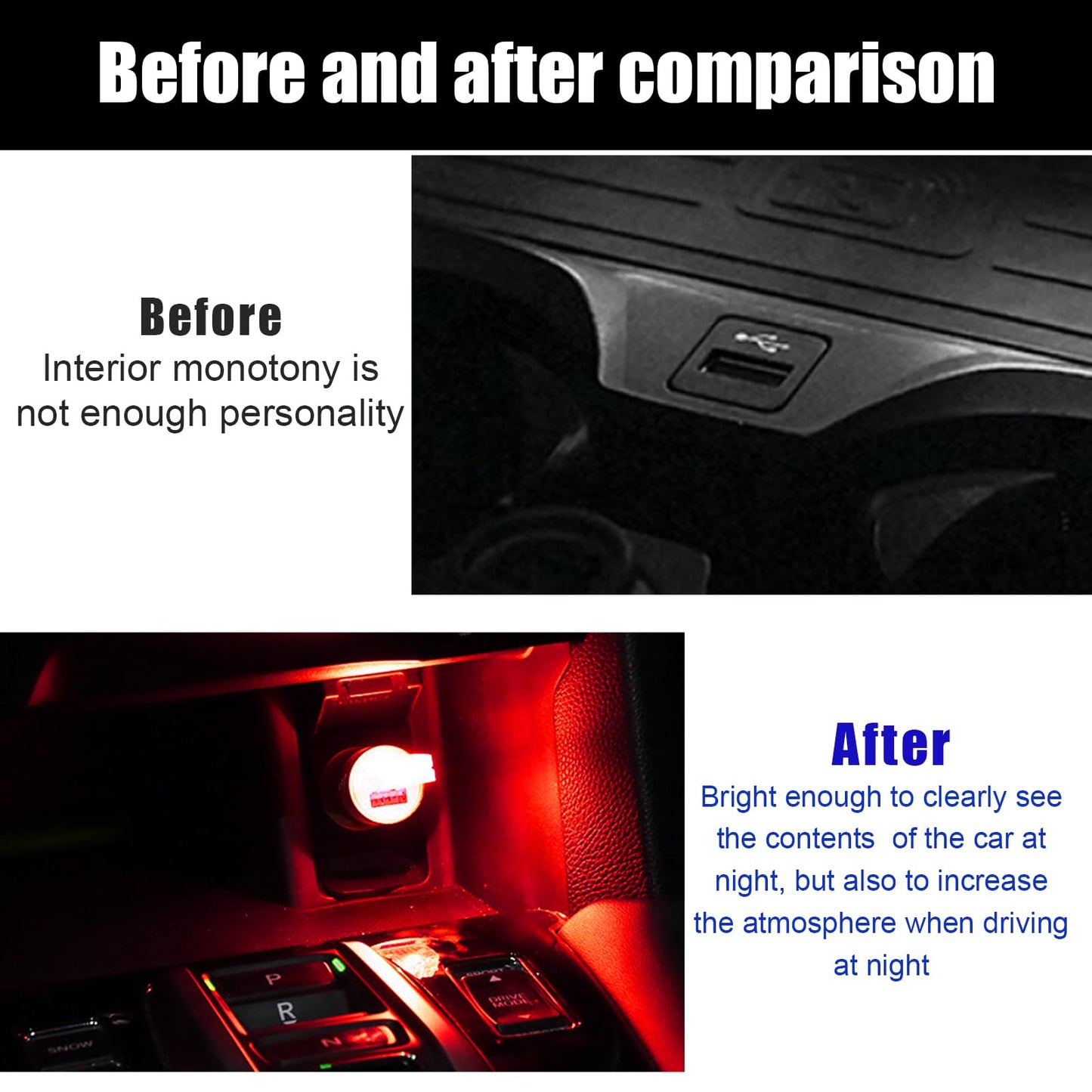 Sylvil 2 Pcs Usb Led Car Interior Atmosphere Lamp  Portable Mini Led Night Light  Plug-In Usb Interface Trunk Ambient Lighting Kit  Universal Interior Car Accessories (Red)
