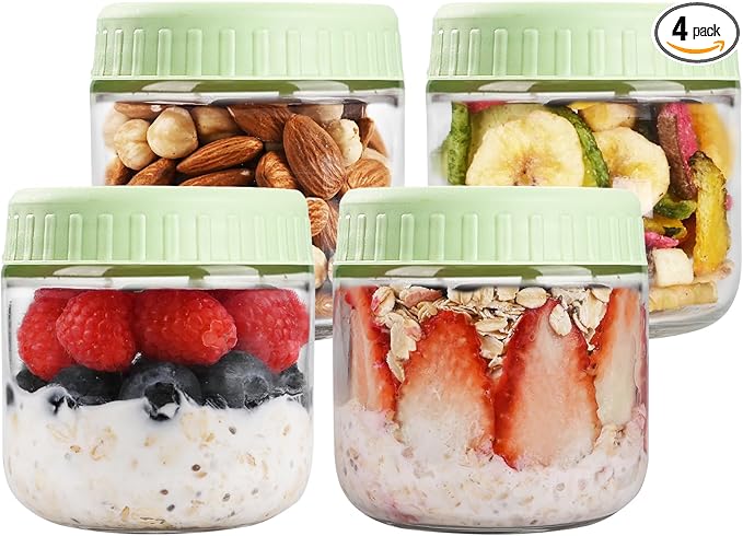Overnight Oats Containers with Lids, 10oz Glass Jars with Lids 4 pcs, Light Green, Wide Mouth Mason jars for Salad, Yogurt, Snacks, Meal Prep