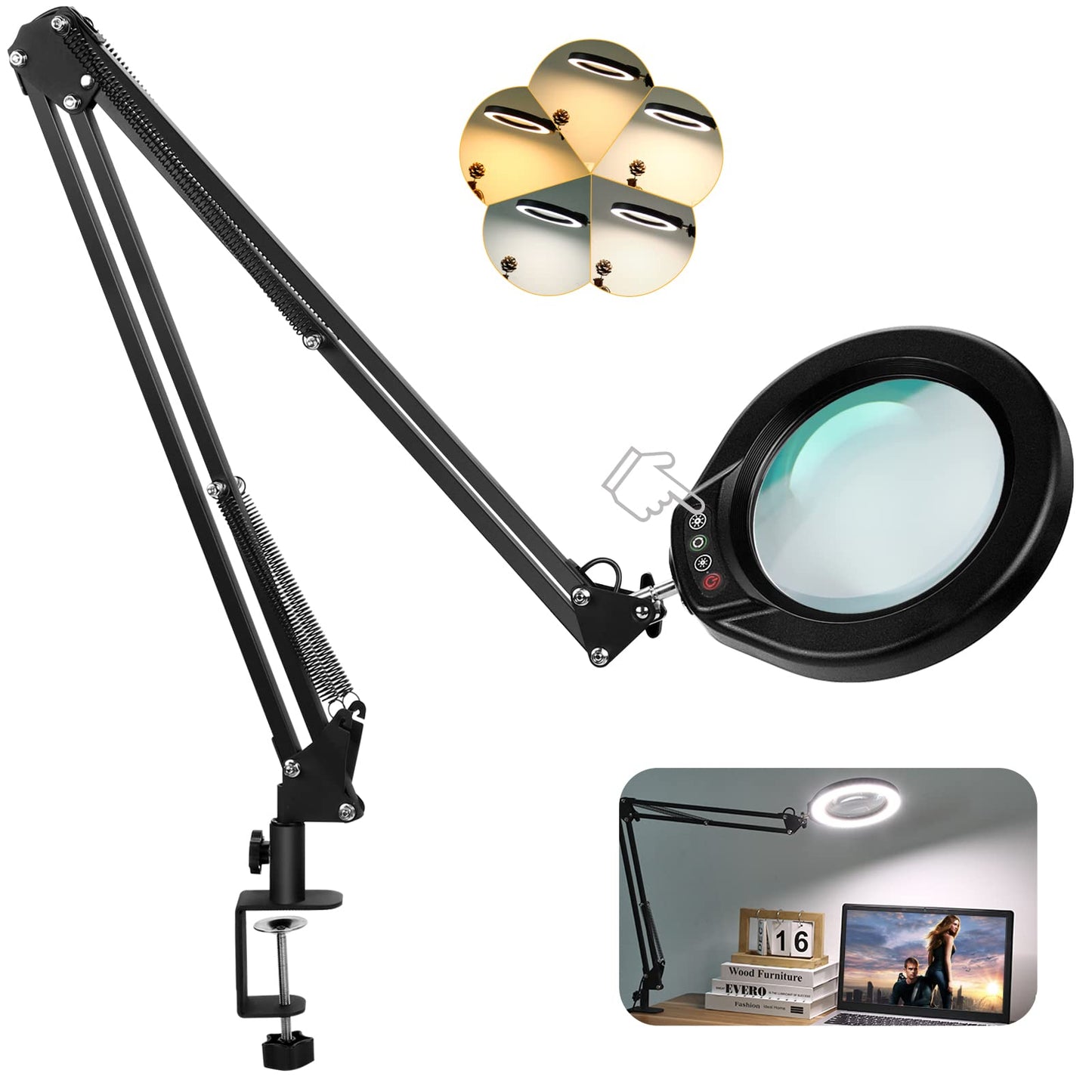 Veemagni 5 Inch Magnifying Glass With Light, 10X Magnifier, 5 Color Modes, Black, Model 5D8-018, Hands-Free Led Clamp Desk Lamp