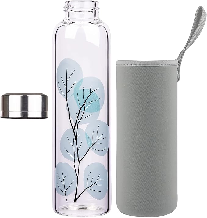 Borosilicate Glass Water Bottle, Sports Glass Drinking Bottle with Neoprene Sleeve and Stainless Steel Lid 16oz / 32oz (16oz, Blue Leaves)