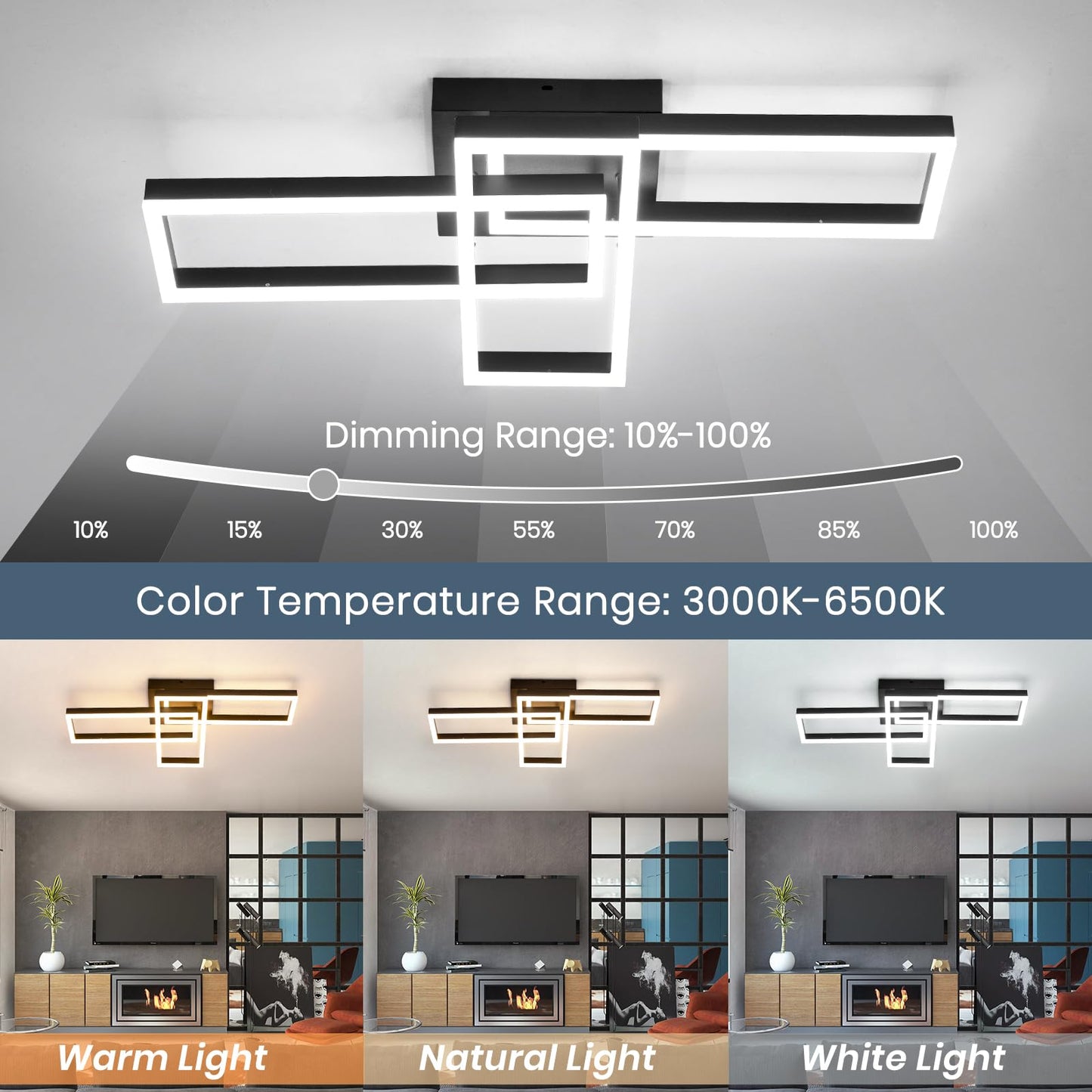 EIDISUNY Modern LED Ceiling Light Fixture, Dimmable 40W, Black 3 Square, Remote Control & APP, Model CL-3CFBKYX-D-2985