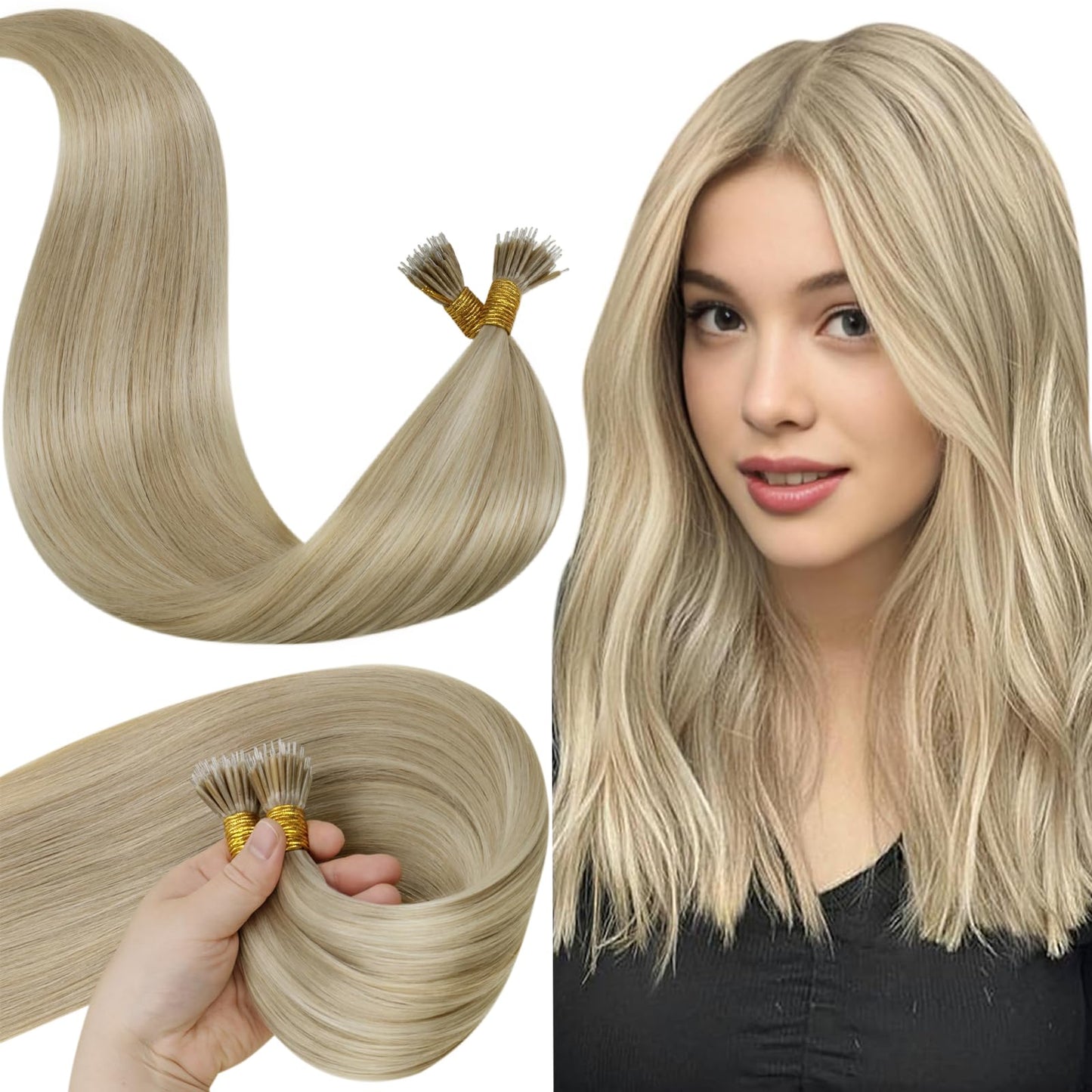 LaaVoo Nano Hair Extensions Human Hair Highlight Ash Blondeto Light Blonde Nano Beads Hair Extensions Human Hair Blonde Nano Rin