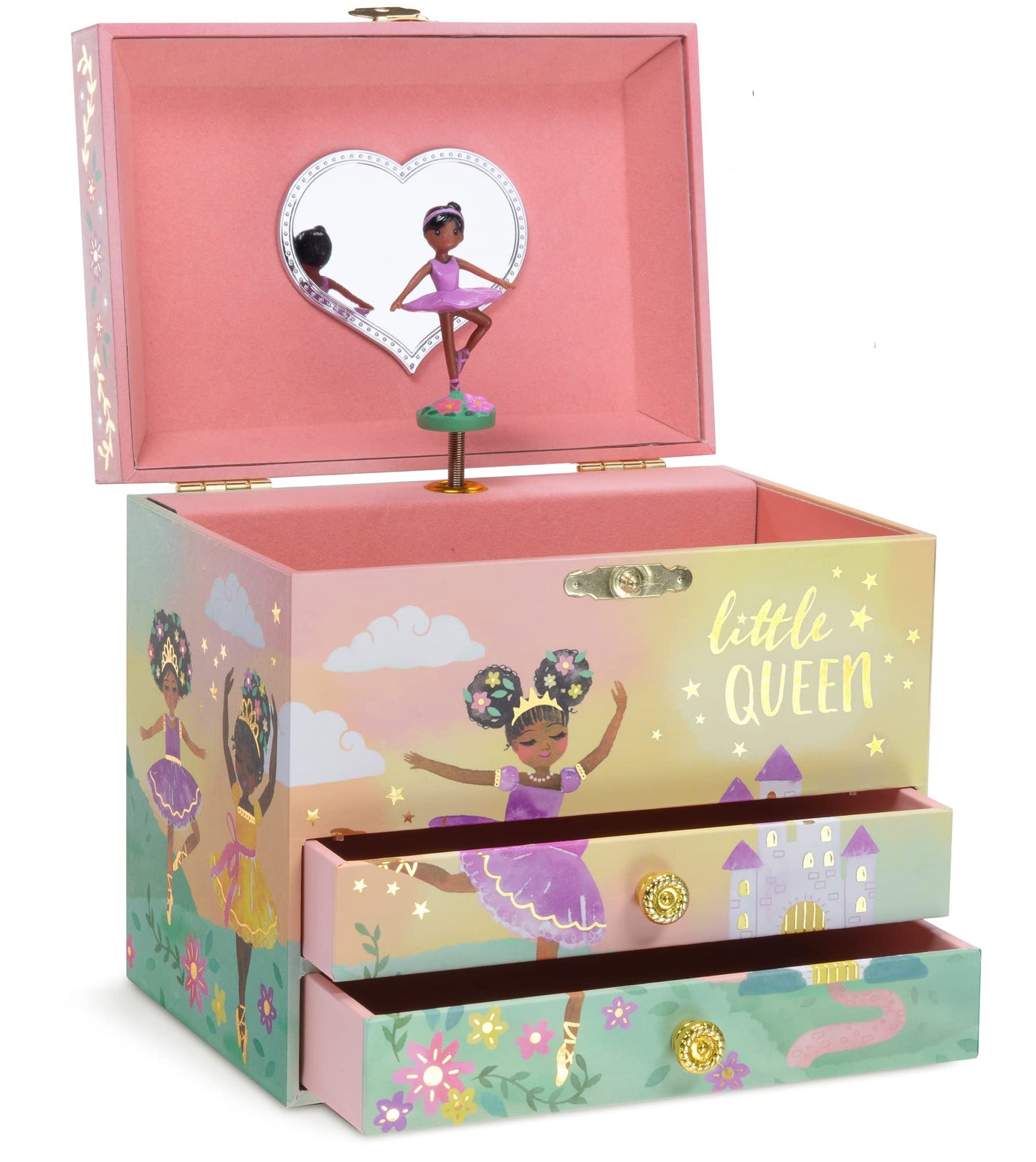 Jewelkeeper Jewelry Box for Girls - 2-Drawer Music Box with Little Queen Ballerina Dancing to Swan Lake, Cute Pink Design, Keeps