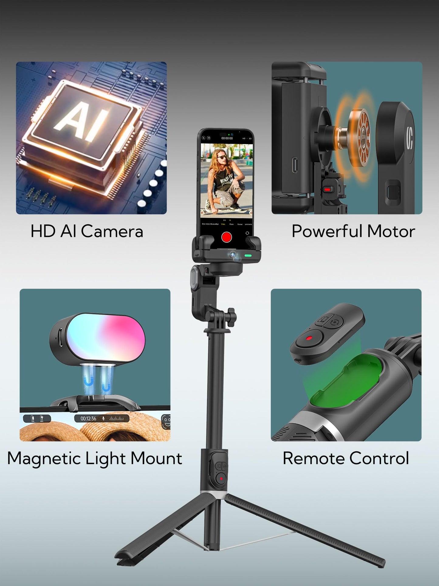 Aochuan Auto Face Tracking Tripod 360 Rotation W/Stand,Selfie Stick Tripod For Iphone Android W/Rgb Light,Remote Control,Phone S