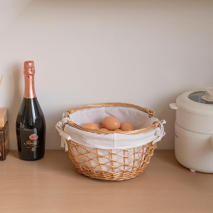 YRMT Wicker Egg Basket Handmade Egg Collecting Basket with Handles and lining Farmhouse Garden Harvest Basket Natural 11"x11"x5"