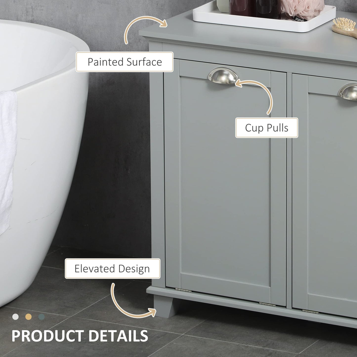 Tilt-Out Laundry Sorter Cabinet, Gray - Bathroom Floor Cabinet, Two-Compartment Hamper Organizer