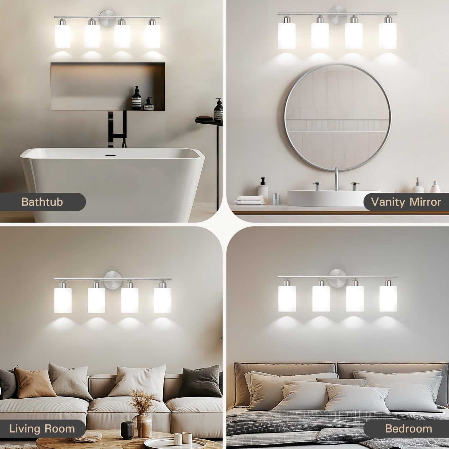 Espird Brushed Nickel Bathroom Vanity Light Fixtures, 4 Lights, Textured Frosted Opal Glass Shades, Model L01-4-NL-W