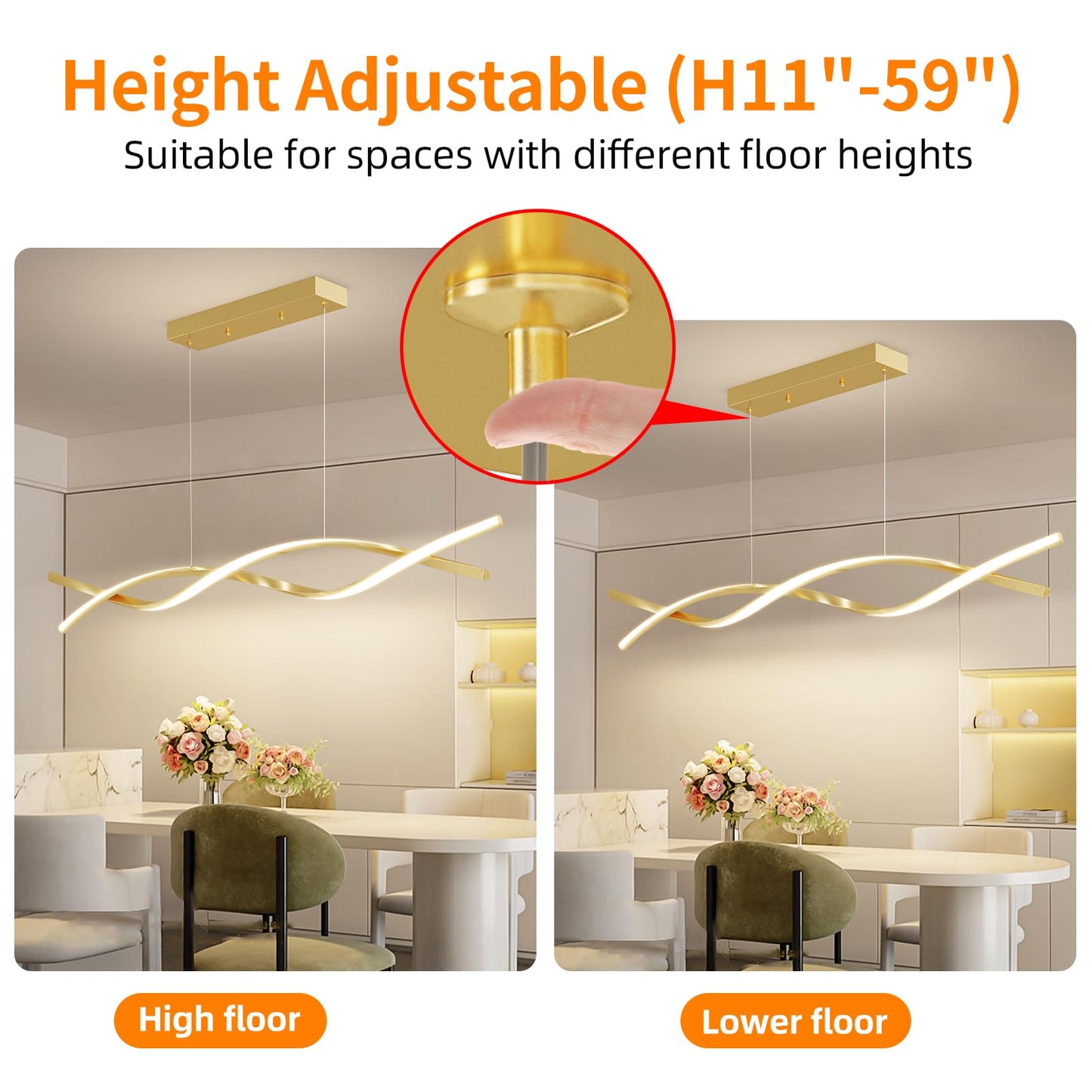 Mikeru Modern LED Pendant Light, 47in Gold Chandelier, Adjustable 3000K-6500K, Aluminum, Model BL120JS