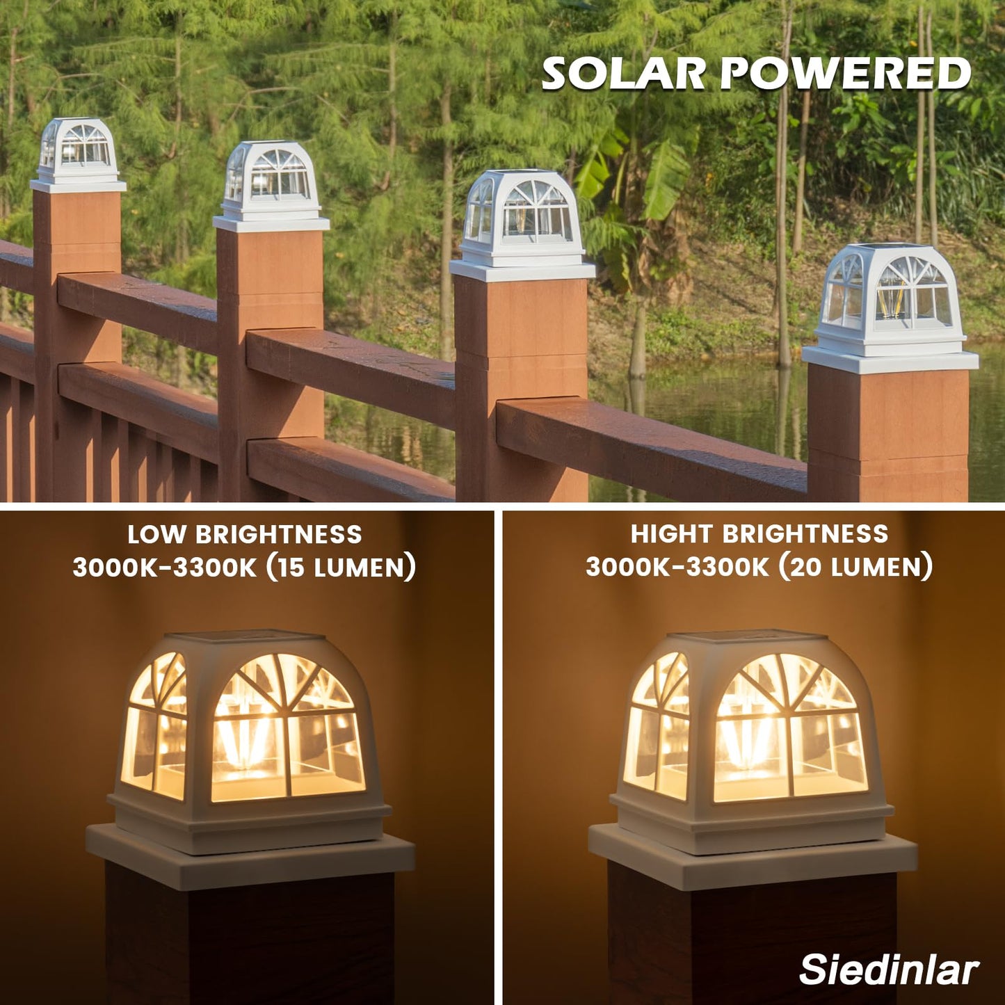 Siedinlar Solar Post Cap Lights Outdoor Fence Deck Post Light 2 Brightness Edison Led Bulbs For 4X4 5X5 Wooden Vinyl Posts Patio Decoration  Warm White Lighting 4 Pack (White)