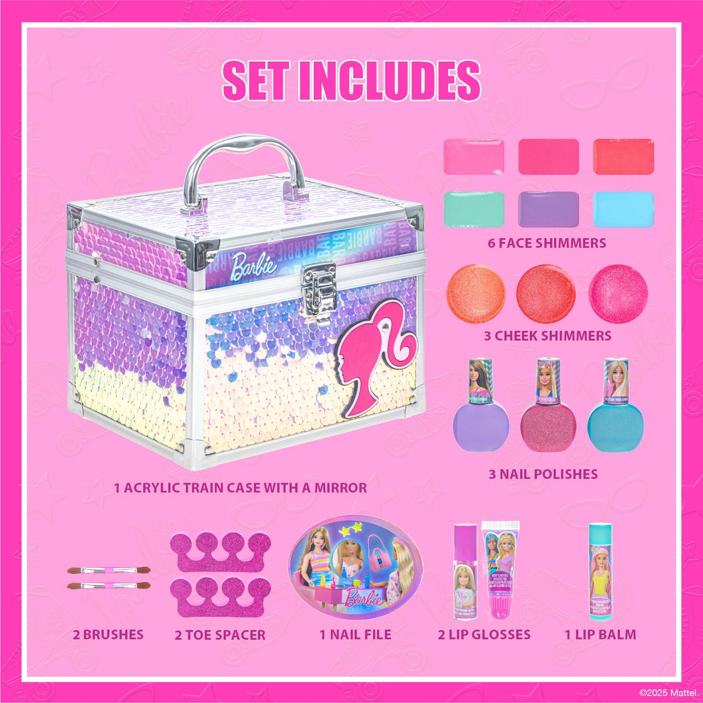 Barbie Train Case Beauty Set, Kids Makeup Kit for Girls, Real Washable Makeup Set, Play Makeup, Party Favor, Birthday, Ages 3 4 5 6 7 8 9 10 11 12 by Townley Girl