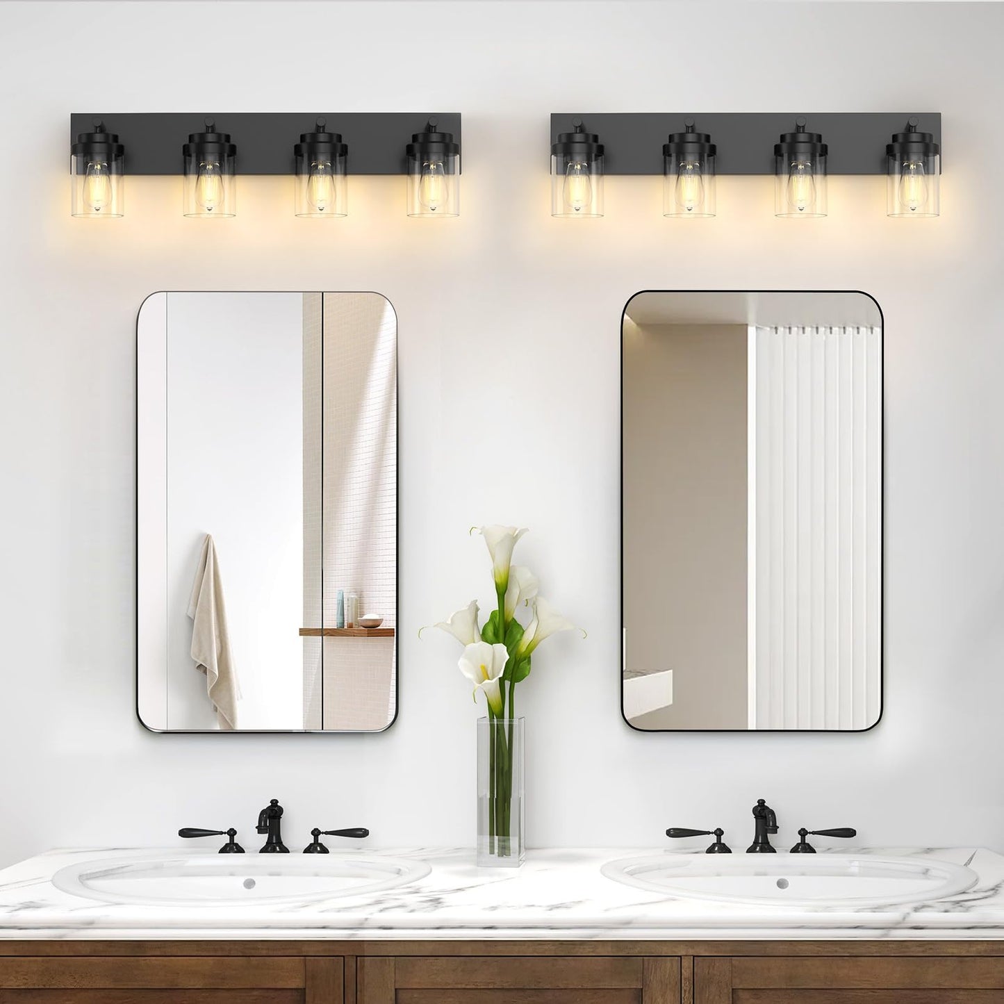 Izorro Bathroom Vanity Light Fixture  4-Light 27.5 Inch Matte Black Bathroom Light Fixtures Over Mirror  With Clear Glass Shade  Modern Farmhouse Vanity Lights  Rustic Restroom Lighting Fixtures
