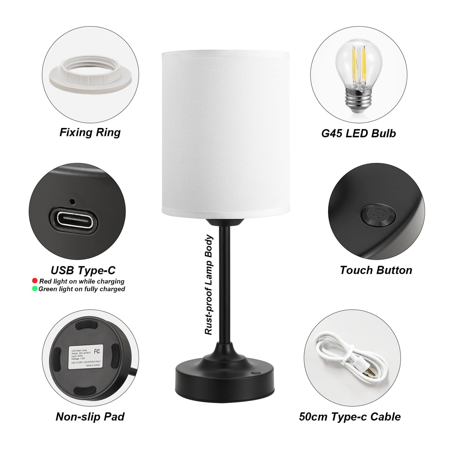 Touch Control Cordlss Table Lamp  Usb-C Rechargeable Lamp With Stepless Dimming  4000Mah Battery Operated Bedside Lamp For Bedroom  Living Room  Night Light & Emergency Lighting  Black  1 Pack