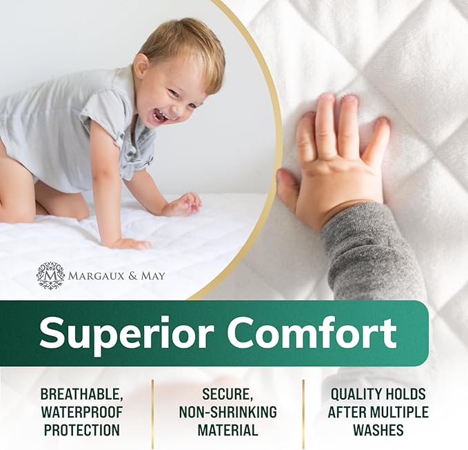 Margaux & May Crib Mattress Protector Pad - Ultra-Soft Waterproof Breathable Premium Bamboo Rayon - Noiseless Fitted Dryer Safe Cover. High Absorbency Oeko-TEX Certified (28 x 52 x 9 inches)