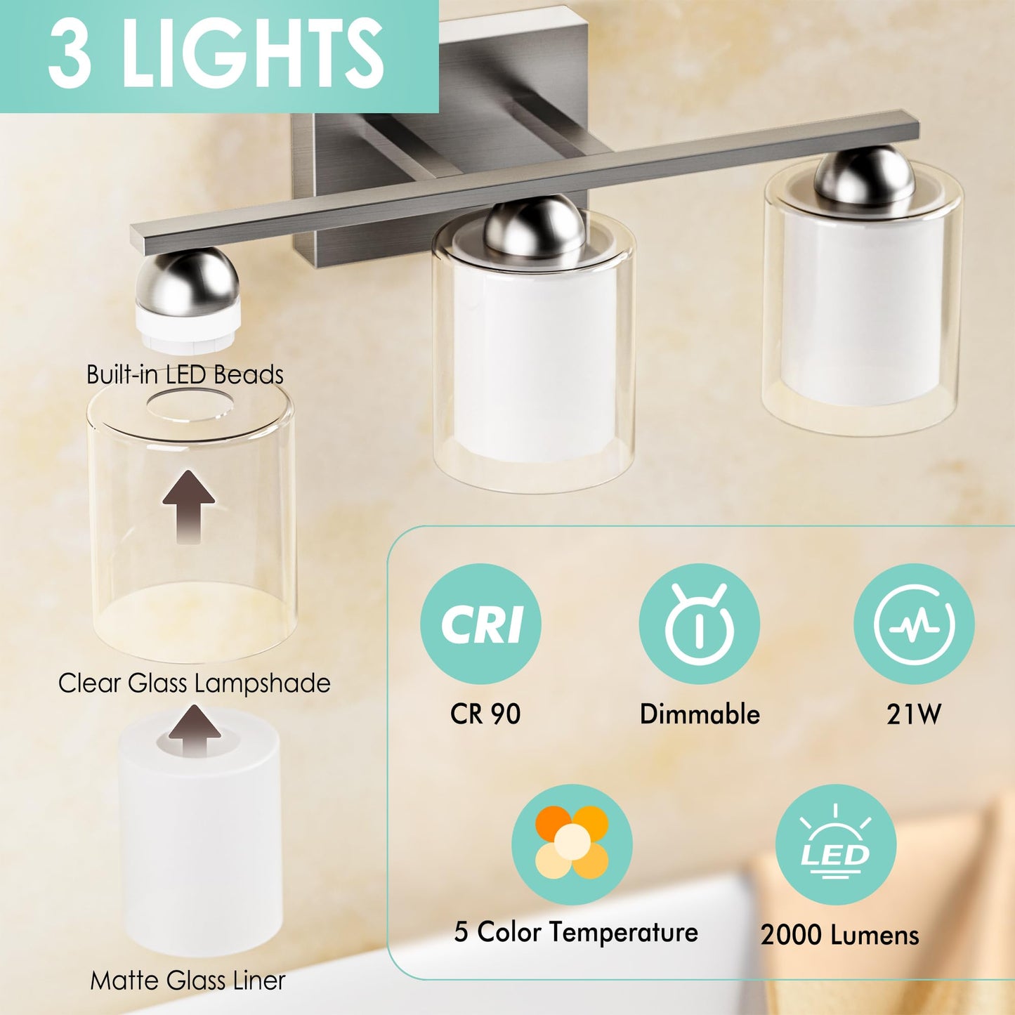 Quntis 3 Light Brushed Nickel Bathroom Light Fixtures, LED Vanity Lights Over Mirror, Model QNT-3L-BN-VL, Milk White Frosted Glass