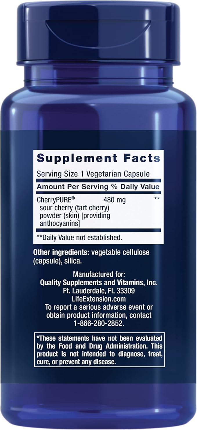 Life Extension Tart Cherry with CherryPURE®, anthocyanins, oxidative Stress, Muscle Recovery, Exercise Support, Muscle Comfort, Vegetarian, Gluten-Free, Non-GMO, 60 Capsules