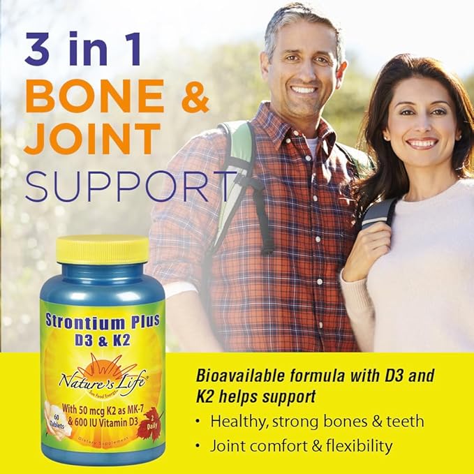 Nature's Life Strontium Plus Vitamins D3 & K2 | Bioavailable Formula May Help Support Healthy Bone Density & Joint Health | 60 Tablets