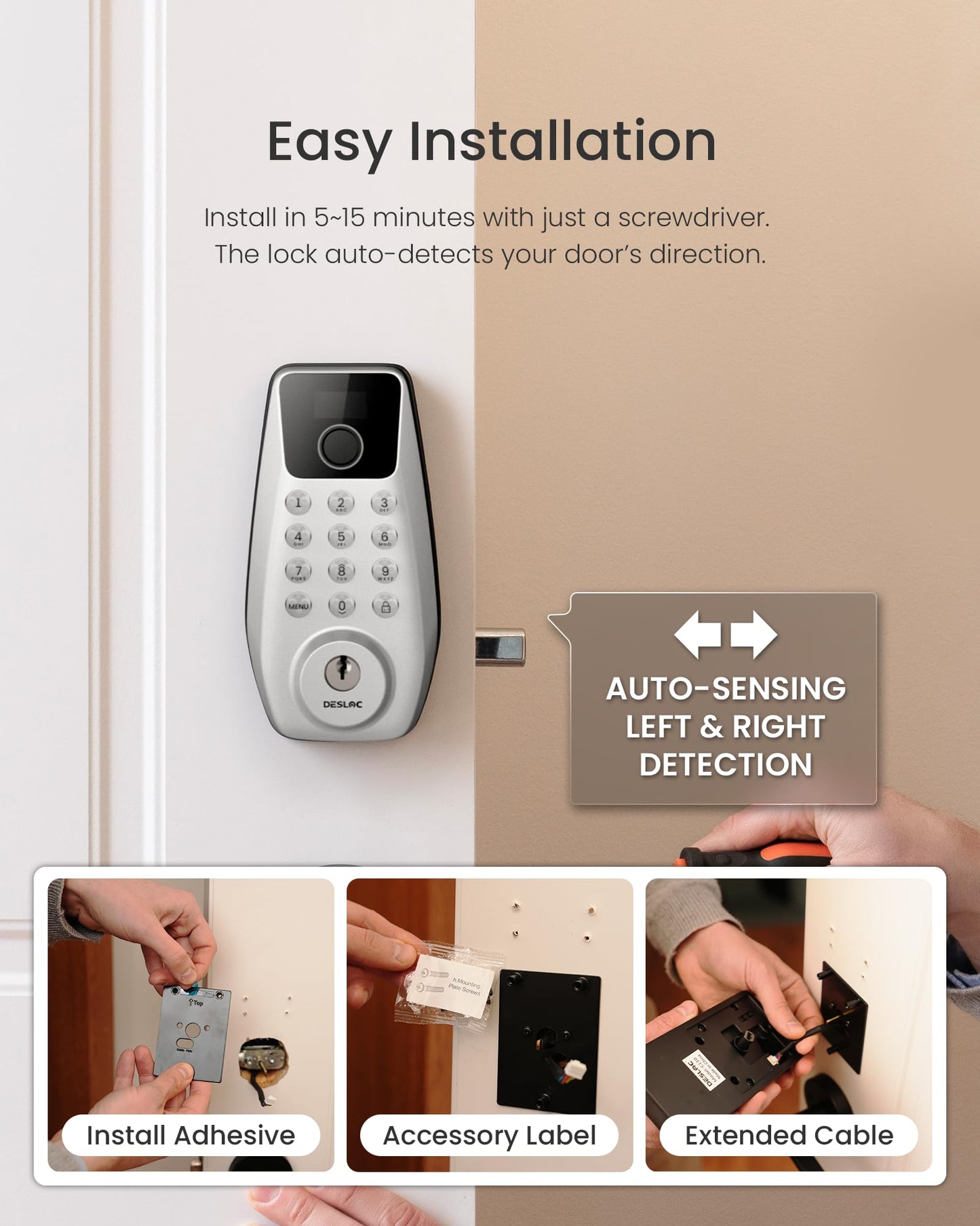 DESLOC C110 Keyless Entry Door Lock with 2 Lever Handles&Smart Screen, Digital Smart Front Door Lock Set, Fingerprint Door Locks, Keypad Deadbolt, Auto-Lock, Backlit Keys, Passage Mode, IP54 Silver