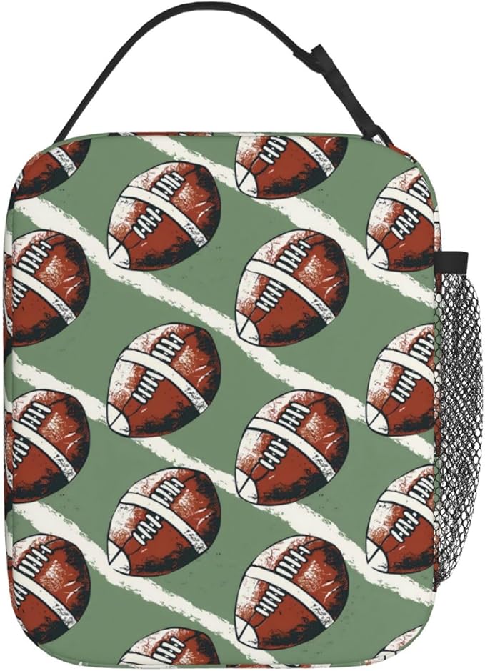 Football Lunch Box for Players,Adults,Men,Sport Ball and Green Background Insulated Lunchbox,Leakproof Tote Bag,Reusable Cooler Bags for Work,Picnic,Office,Travel,Athletic Lunchbag Gifts