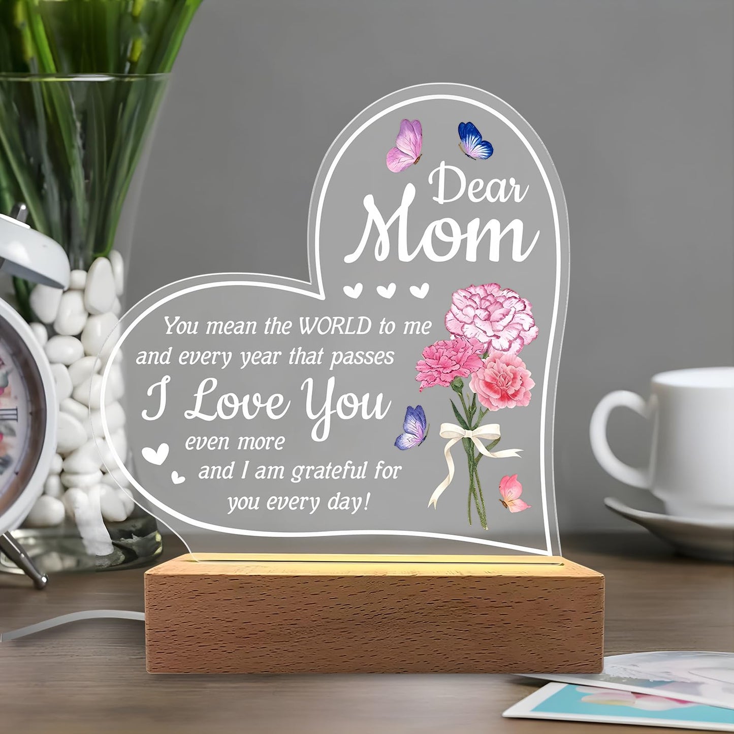 Hpydiy Carnation Heart Shape 3D Crystal Acrylic Light Base With Wood Stand  Led Light For Kids Room Decor  Gift For Mom On Birthday Or Holiday  Home D?Cor Art Display