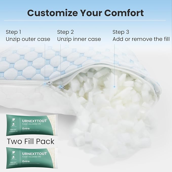 Shredded Memory Foam Pillows Pillow for Side Sleepers Cooling Pillows Stomach Sleeping Pillow King Size Pillows with 2 Extra Fill Blue