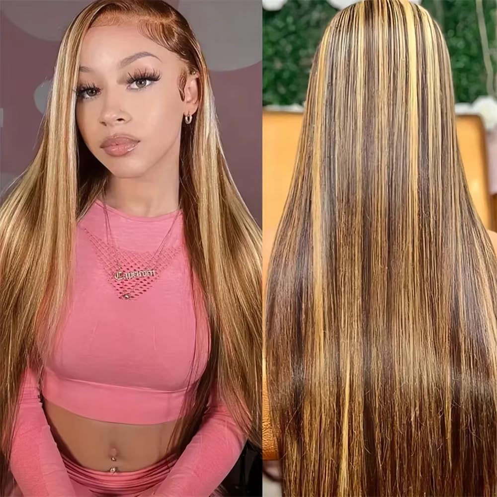 KFgood Ombre Lace Front Wig Human Hair 28inch Highlight 13x4 HD Straight Lace Front Wigs Human Hair 200% Density 4/27 Colored Ho
