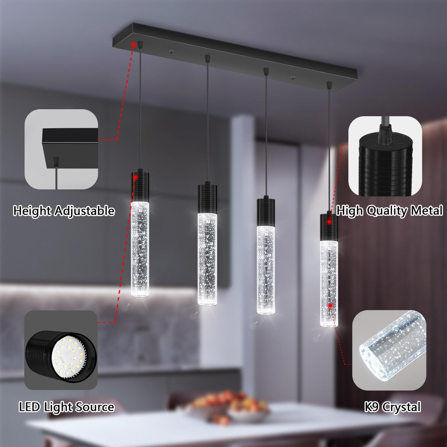 Dolria 4-Lights Mini Modern Crystal Chandeliers For Kitchen Island Pendants Lighting Fixture Led Ceiling Light For Dining Room Bedroom Foyer 6000K