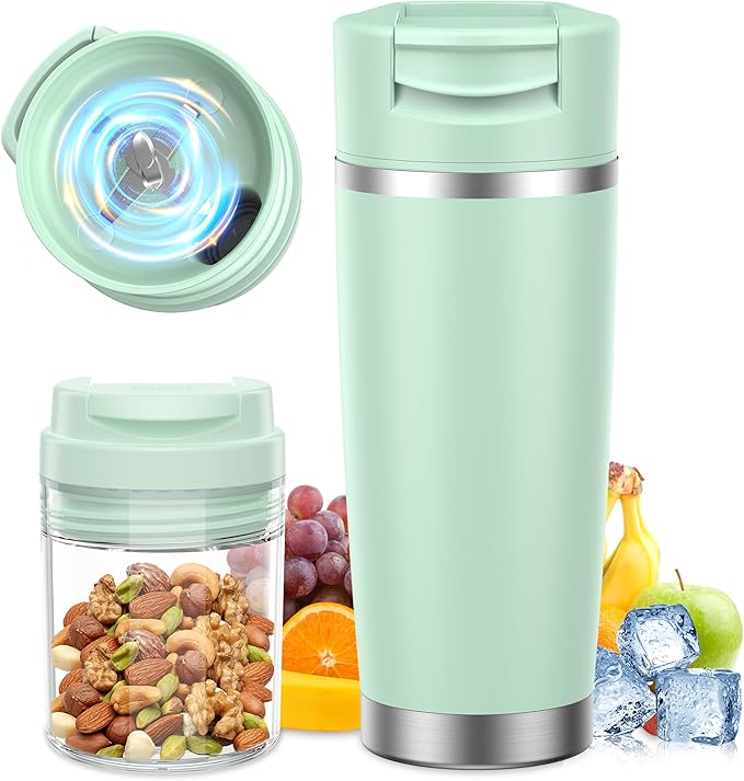 Portable Blender for Smoothies&Shakes 24oz Insulated Cup Cordless, Personal Small Licuadora Portatil With Stainless Steel Bottle, USB-C Rechargeable Travel Blender, BPA Free, for Juicing(Green)