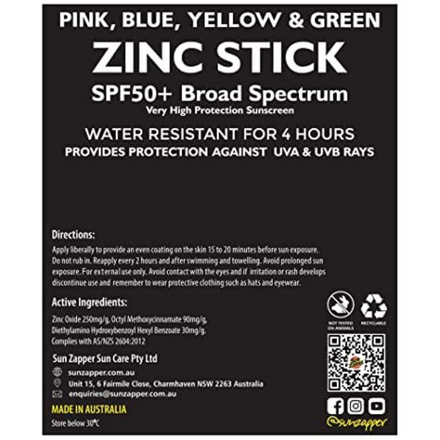 Sun Zapper Zinc Oxide Sunscreen Stick - SPF 50+ Tinted 4-Pack (Pink, Blue, Green, Yellow) - Sunscreen Stick, Zinc Sunscreen, Wat