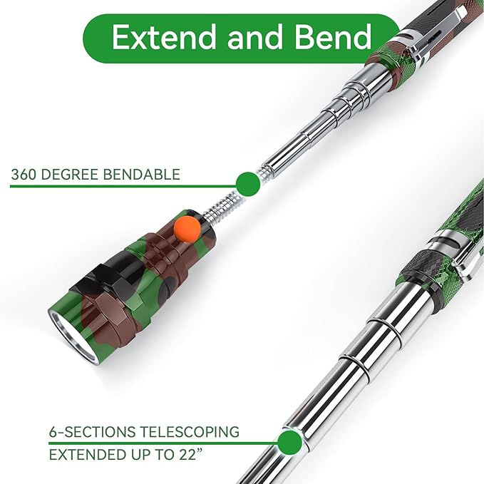 LED Magnetic Pickup Tools, Telescoping Magnetic Flashlights with Extendable Magnet Stick, Christmas Stocking Stuffers for Men Adults, Birthday Gifts for Men, Dad, Camouflage