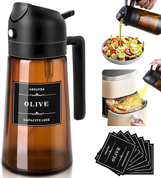 16oz/470ml Olive Oil Sprayer for Cooking, 2 in 1 Oil Dispenser Bottle Spray and Pour with Stickers, Premium Dark Brown Glass Oil Bottle for Air Fryer, and Salad