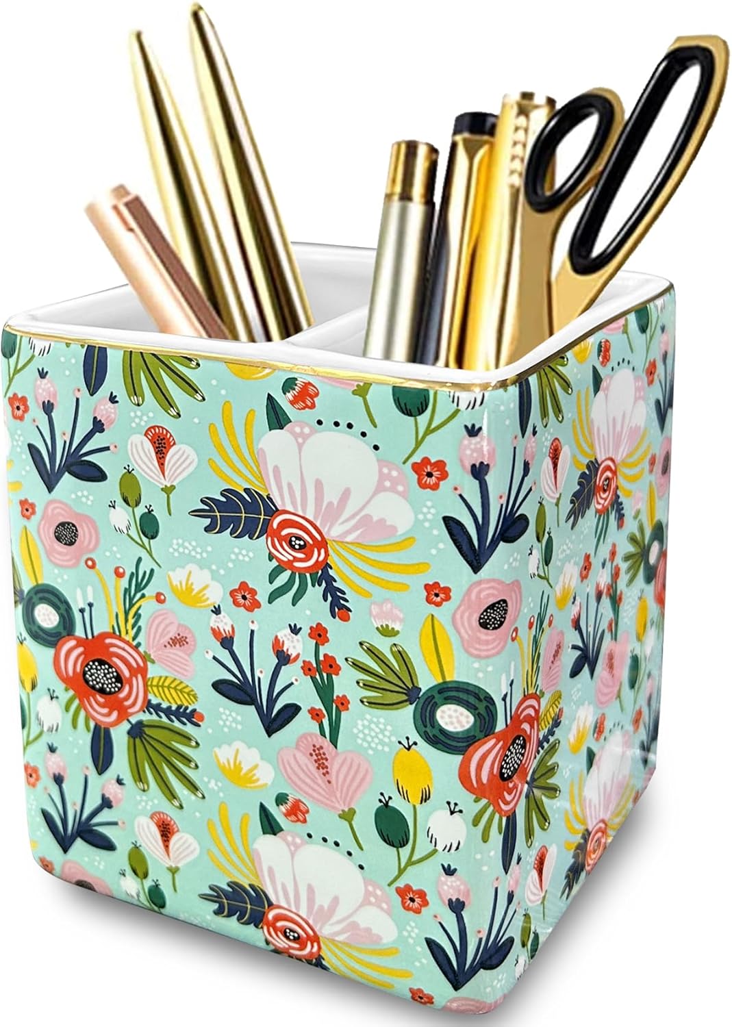 Pen Pencil Holder, Makeup Brush Holder,Ceramic Remote Control Holders Organizer with 2 Compartment Floral Multi-functional Office Organizers Storage Caddy Desk Tv Remote Holders Mint Flowers