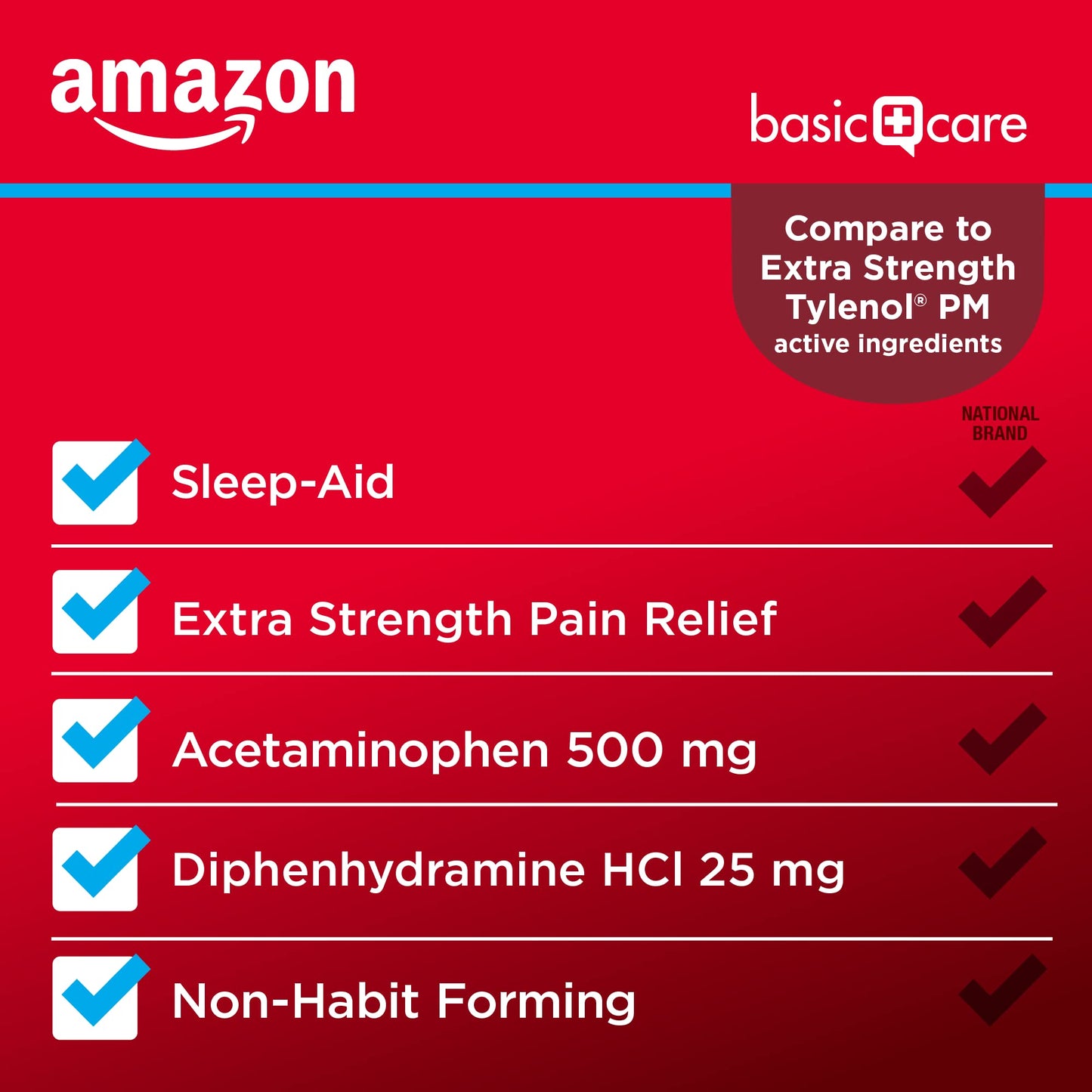 Amazon Basic Care Acetaminophen PM Caplets, Pain Reliever Plus Nighttime Sleep Aid, Extra Strength, Helps Occasional Minor Aches, Pains and Headache Relief, 100 Count, Packaging May Vary (Pack of 3)