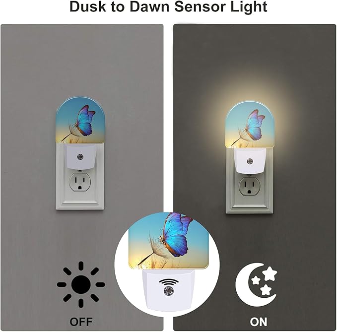 Blue Butterfly and Dandelion Night Light Plug into Wall, Butterfly in The Sunset Dusk to Dawn Night Light,0.5w Energy Saving Sleep Friendly Nightlights for Kids Boys Girls Home Decor