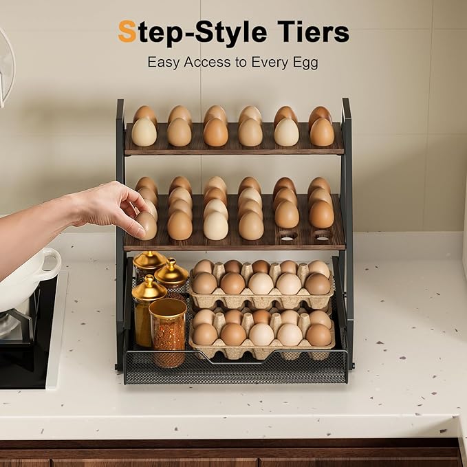 3-Tier Wooden Fresh Egg Holder Countertop With Basket for 36+90 Eggs, Wooden Egg Holder Countertop with Carry Handle for Gathering 100+ Eggs, Duck, and Quail Eggs