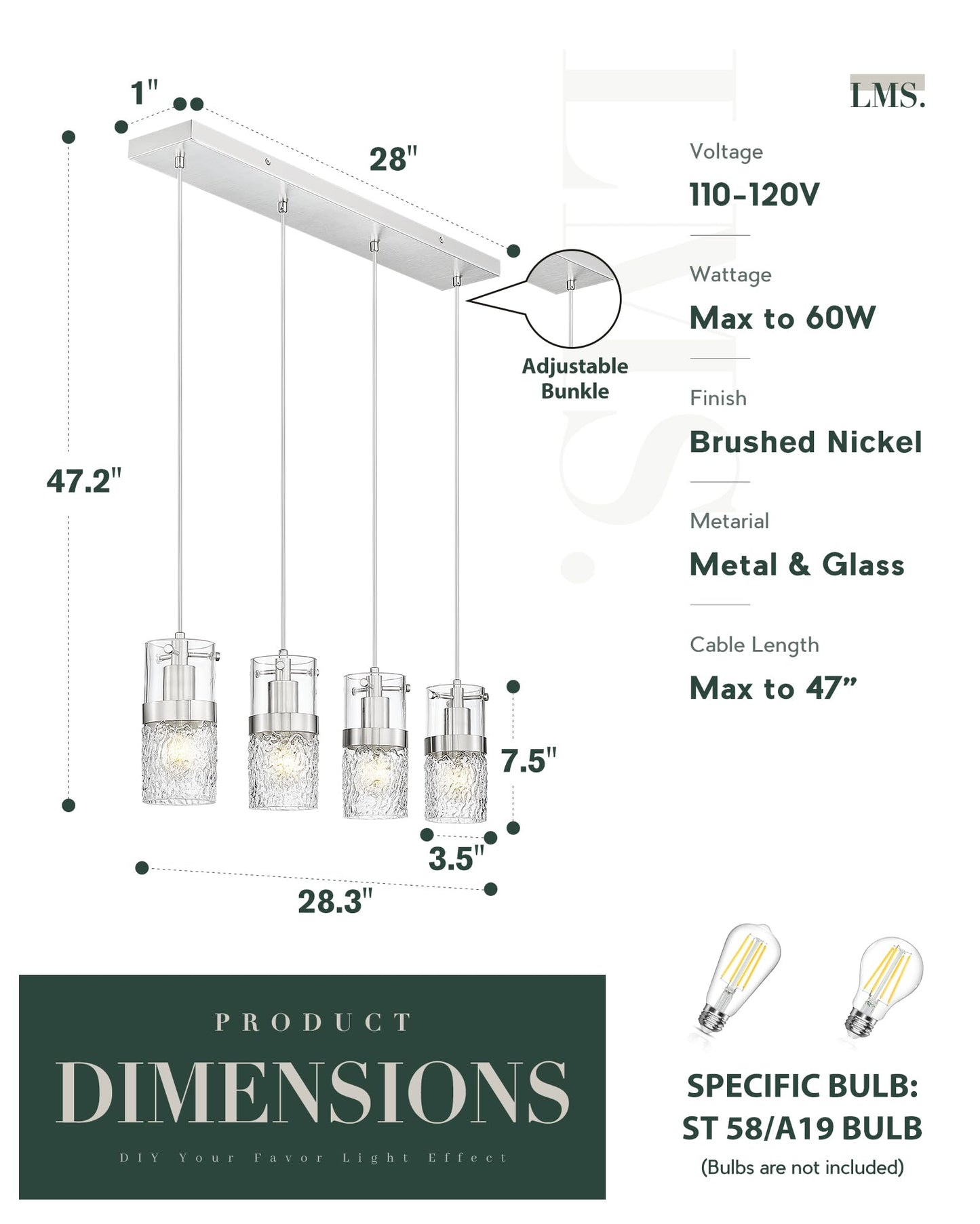 Lms 4-Lightisland Lighting  Brushed Nickel Kitchen Island Light Fixture  Farmhouse Linear Chandeliers For Dining Room Over Table Pendant Light With Hammered Glass For Living Room  Lms-171Bn4L