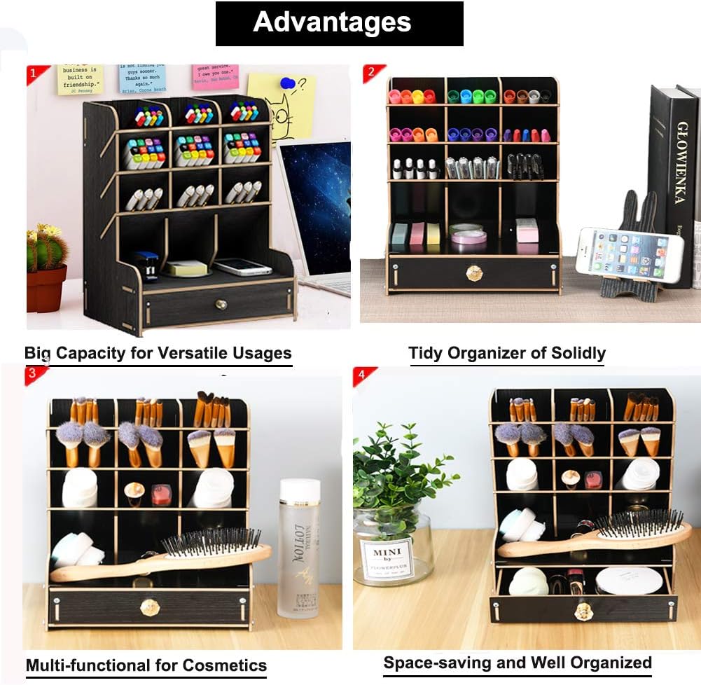 Marbrasse Wooden Desk Organizer, Multi-Functional DIY Pen Holder, Organizer for desk, Desktop Stationary, Easy Assembly, Home Office Art Supplies Storage with Drawer (B11-Black)
