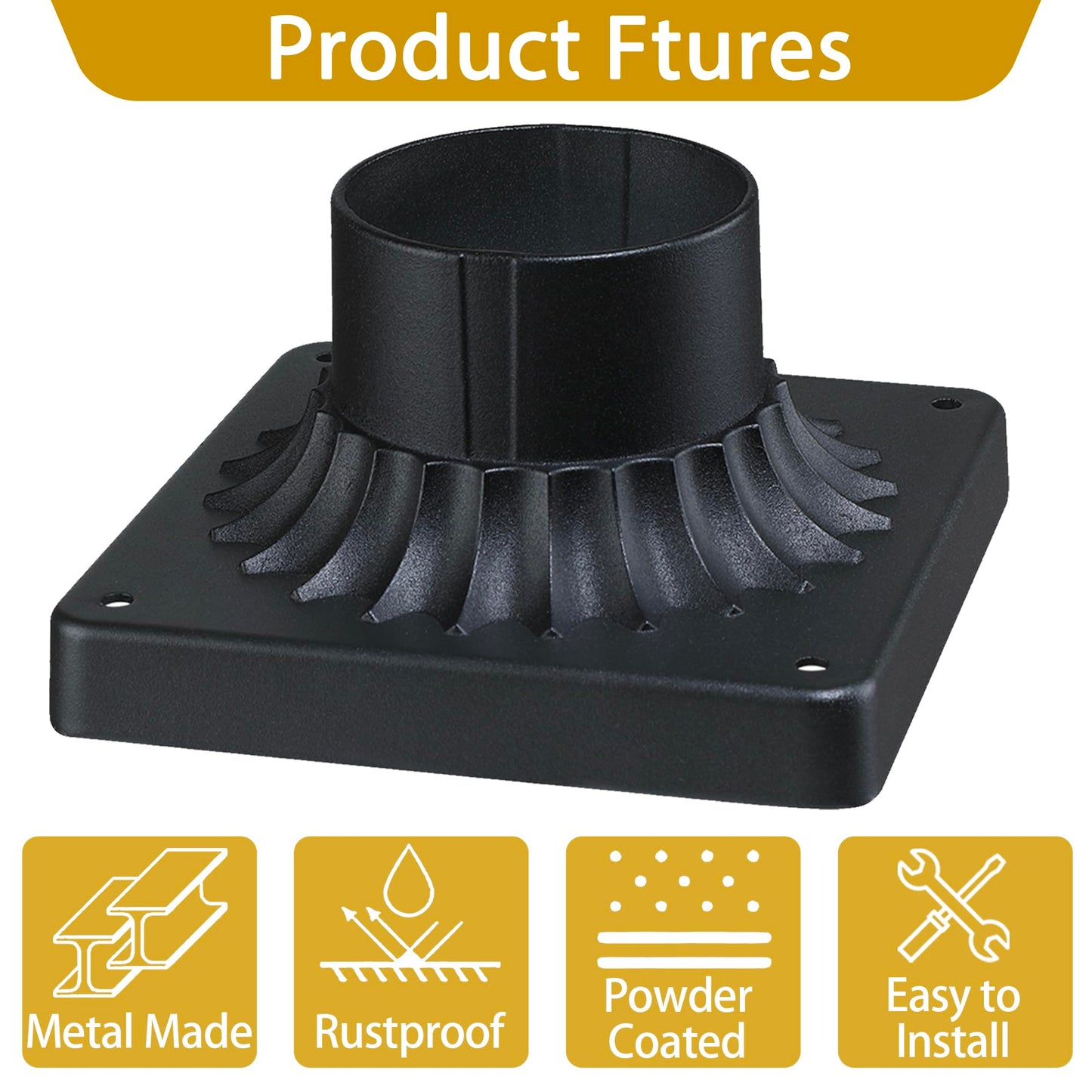 Faymart Lighting Black Pier Mount Adapter-Outdoor Post Light Mounting Base For 3 Pole  5.67X5.67 Post Cap Adapter Aluminum Alloy Pillar Light Fixture Mounts Matte Black