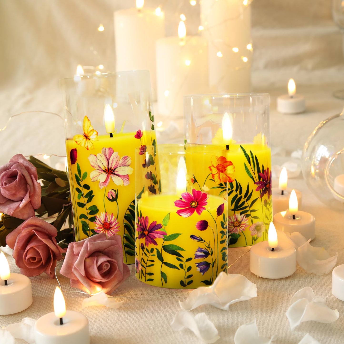Eywamage Yellow Cosmos Floral Flameless Candles in Glass Jars, Flickering Battery LED Pillar Candles with Remote Set of 3
