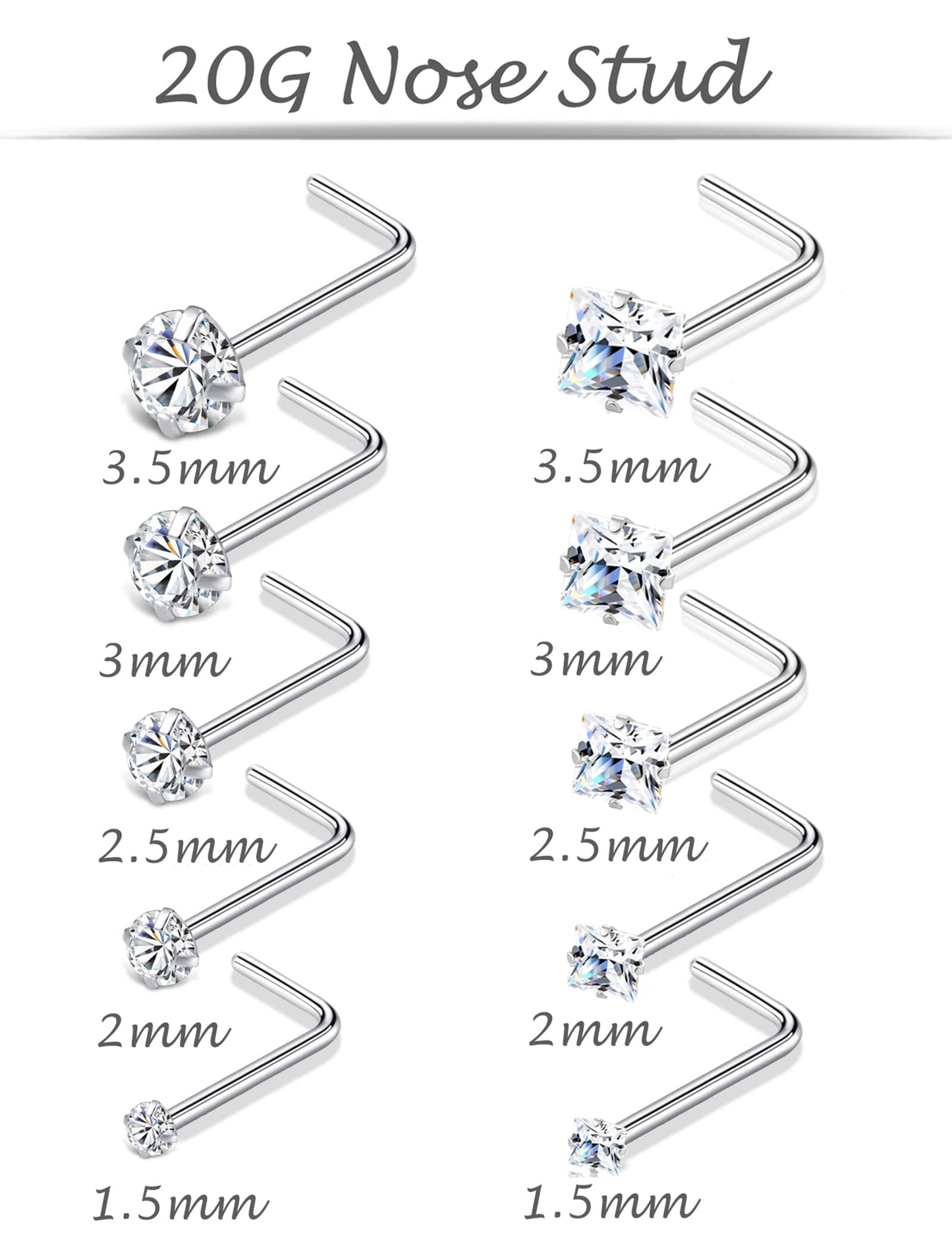 Tornito Stainless Steel L Shaped Nose Studs - 10pcs, Clear CZ, Silver Tone, Sizes 1.5mm to 3.5mm, for Men and Women