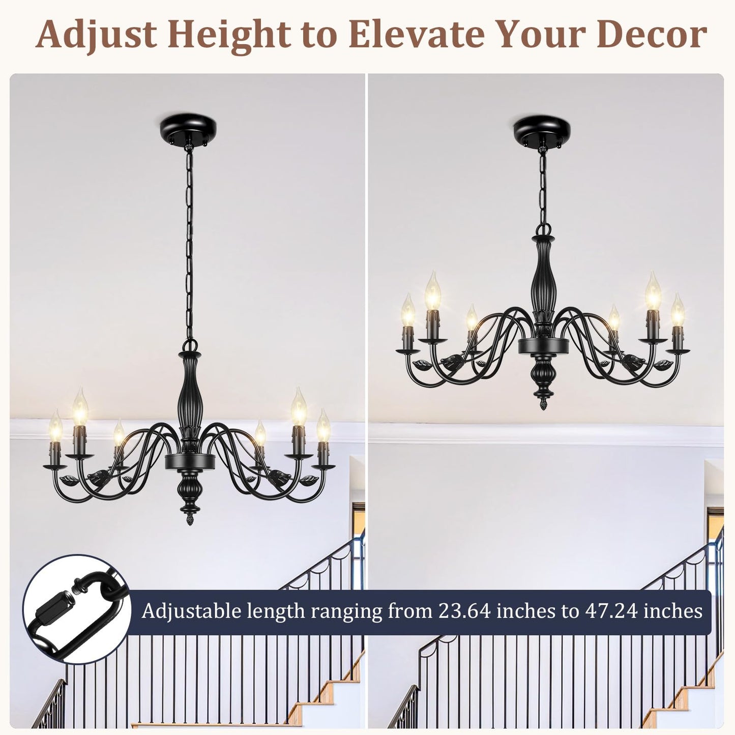 29 Black Chandelier For Dining Room  Modern Farmhouse 6-Light Light Fixture Hanging  Industrial Kitchen Lighting Fixtures With Leaf  Vintage Chandeliers Over Table For Bedroom Foyer Living Room