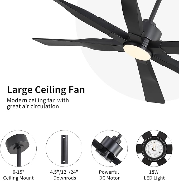 78 Inch Ceiling Fan with Lights and Remote Control, 6 Reversible ABS Blades, 6-Speed Noiseless DC Motor with 4.5" / 12" / 24" Downrods for Bedroom Dining Living Room, Black