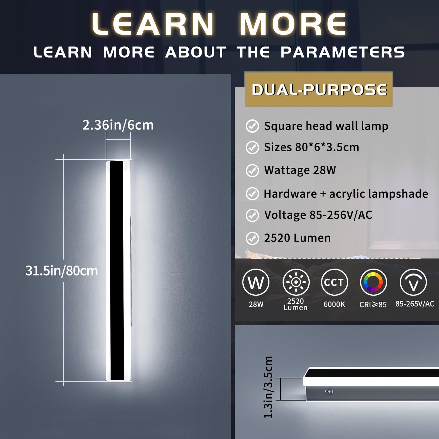 Mikeru 31.4Inch Long Led Wall Light  6000K Cool White Modern Outdoor Wall Light Ip65 Waterproof Black Acrylic Porch Exterior Lighting Fixtures  Exterior Wall Mount Lights For Garage Front Door