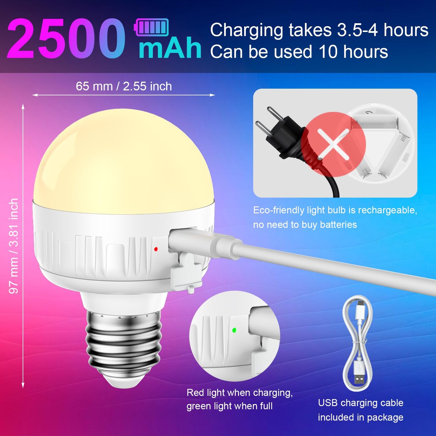 LGMCF Rechargeable Light Bulb with Remote - 6W Dimmable LED, 450LM, 15 Colors, E26, 2-Pack, Magnetic, Model JHW088