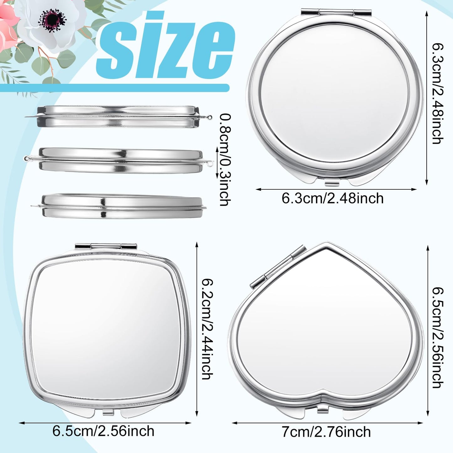 Jetec 12 Pcs Sublimation Blanks Products Small Compact Mirror Bulk Heat Transfer Folding Pocket Makeup Mirror Heart Round Square
