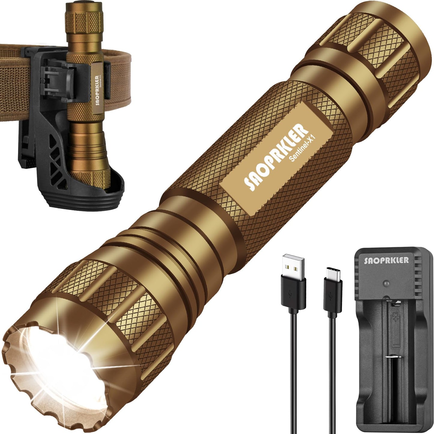 Saoprkler Tactical Flashlight 1200 High Lumen Duty Belt Flashlight For Law Enforcement  enhanced Police Flashlight With Holster For Duty Belt Led Flashlight Gifts-Sentinel-X1