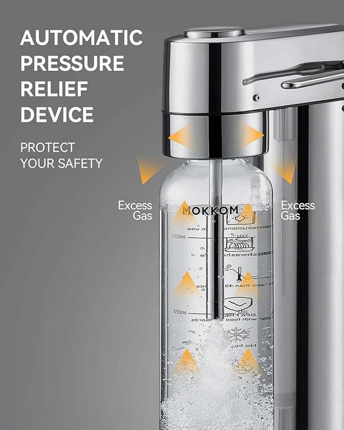 MOKKOM Sparkling Water Maker, Soda Maker with 1L PET Carbonating Bottle, Soda Streaming Machine and Beverage Carbonator, Compatible with 60L CO2 Carbonator (NOT Included) - Stainless Steel