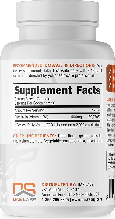 Bucked Up Vitamin B2 400mg Capsules, Essentials (90 Servings)