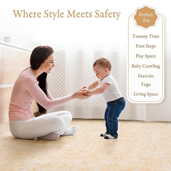 PopsyKosy Super 1 Inch Thick Premium Quality Exercise & Baby Foam Play Mats - Expandable & Large Non-Toxic Odorless Floor Mat - 6 Tiles Spacious 6x4ft - Peel-Resistant - Light Apricot