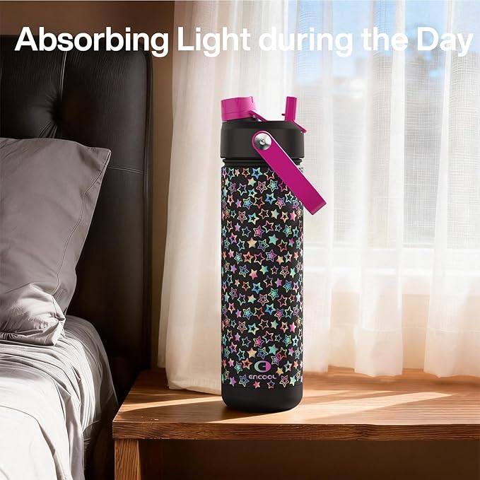 ENCOOL Insulated Water Bottle with Straw Stainless Steel Water Bottle, Leak-Proof, BPA-Free, Double Wall Vacuum Keeps Cold for 24 Hours for Sports, Travel, School (26 oz, Neon Starfall)