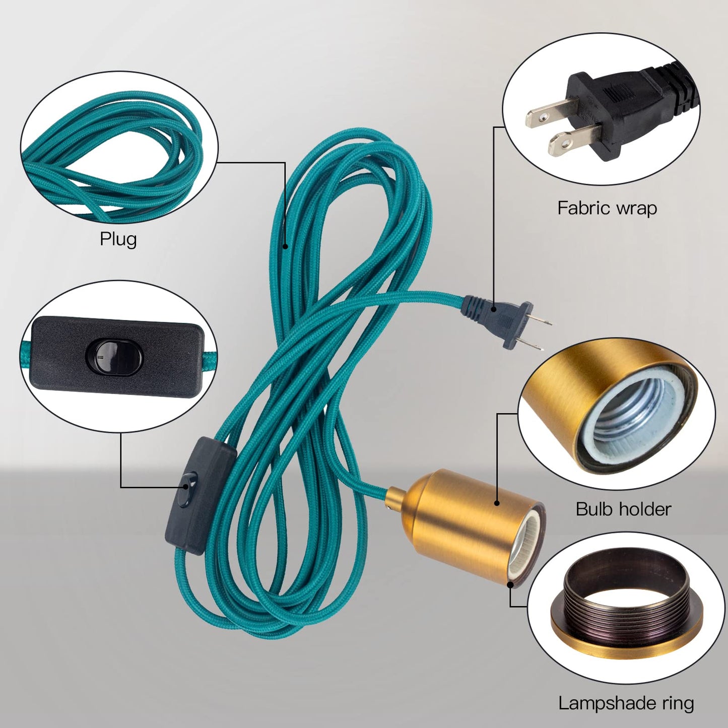 Hanging Light With Plug In Pendant Kit Cord Rope Lamp Bulb Socket Teal Exposed Lantern Fabric Cloth Switch Fixture With Braided Cords Industrial Porcelain Gold Holder Diy Swag Lighting 15Ft 2 Set